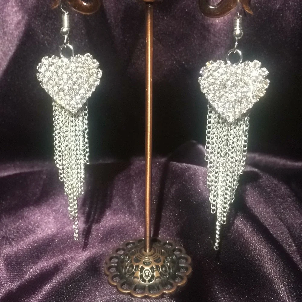 Silver Heart Rhinestone Hollywood Glamour Earrings